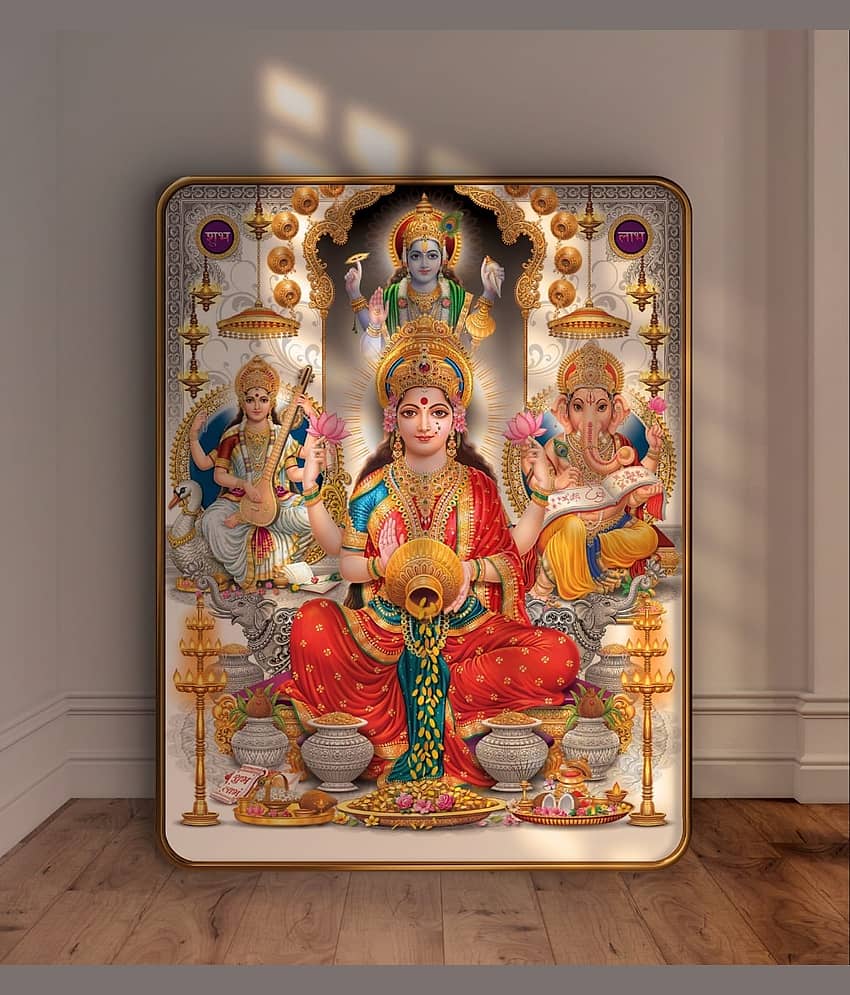 SAF Lakshmi Vishnu Ganesha Saraswati Wall Painting | Sparkle Laminated Religious Art | Golden Frame MDF Decor for Home Temple Living Room Pooja Room Gift