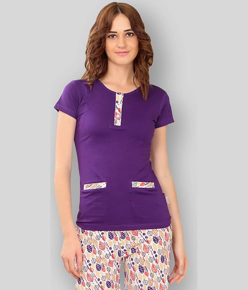Zebu Women Cotton Solid Regular Fit Round Neck T-Shirt ( Purple )