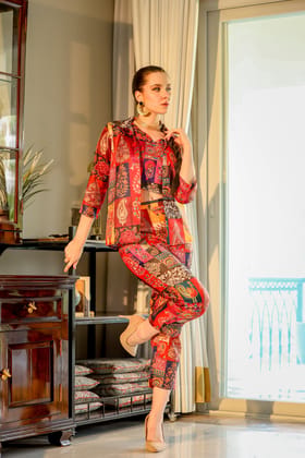 Serisha Red Raw Silk Printed T-shirt With Waistcoat And Trousers Co-Ord Set Serisha Red Raw Silk Printed T-shirt With Waistcoat And Trousers Co-Ord Set