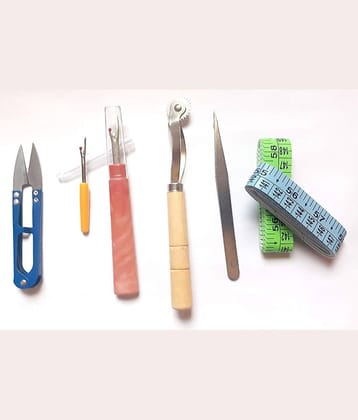 Combo Pack Sewing Tailoring Measurement Tapes 2 Pc with Seam Rippers, Thread Cutter, Tracing Marking Wheel, Over Lock Machine Tweezers - Multicolor