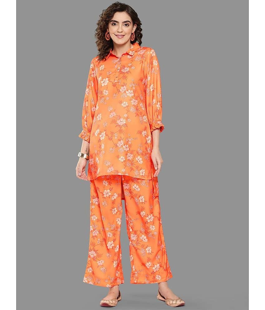 Janasya Women Printed Kurta With Palazzos Co-Ord Set ( Orange )