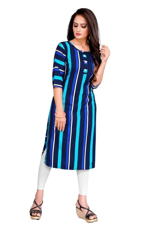 Women's Casual 3/4th Sleeve Printed Crepe Kurti (Blue, M)-PID46130