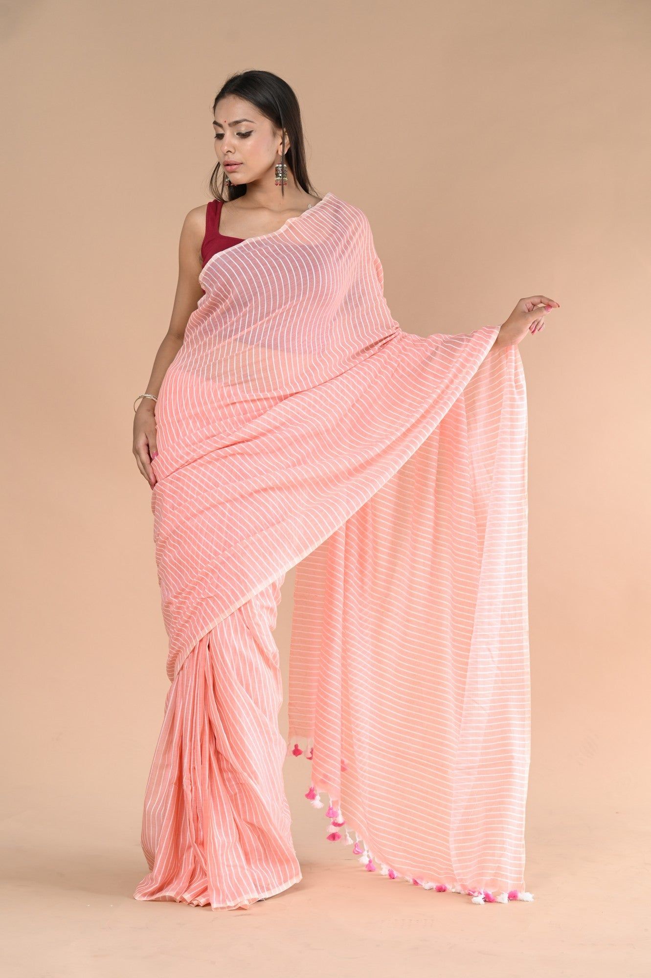 Designer Pure Cotton Sarees with All over Linear Stripes ~Peach