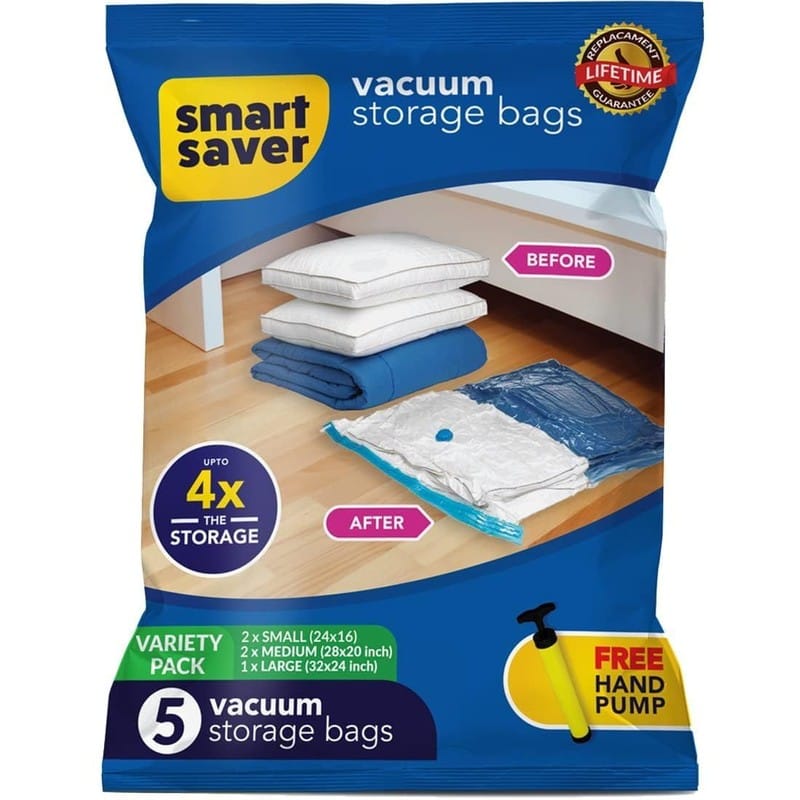 Smart Saver Vacuum Bags for Travel - Space Saver Compression Storage Set (1 Large, 2 Medium, 2 Small) for Clothes, Bedding, Pillows, Comforters - Hand Pump, Protects from Moisture, Dirt, Odors