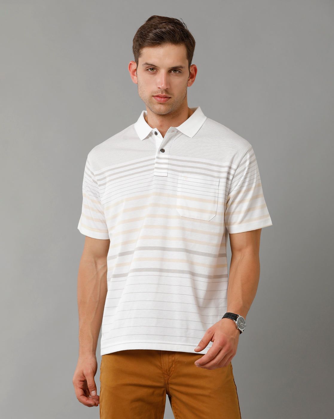 Classic Polo Men's Striped White Cotton Half Sleeve T-Shirt | AVON - 561 A AF P