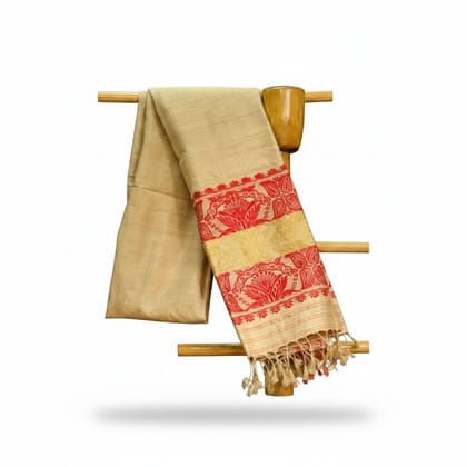 Traditional Assam Silk Saree with Red Floral Border