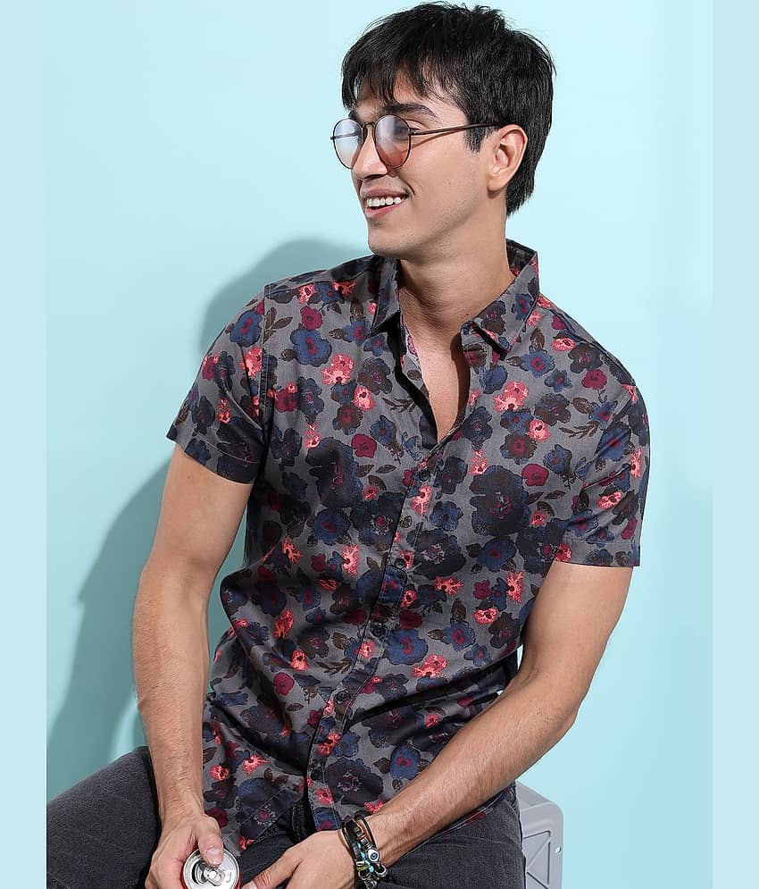 Ketch 100% Cotton Slim Fit Printed Half Sleeves Men's Casual Shirt - Grey ( Pack of 1 )
