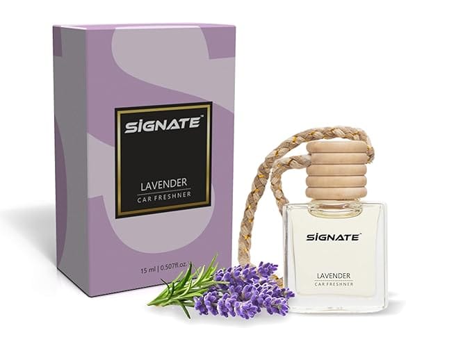 Signate Car Perfume with Natural Fragrance Essential Oils | Car Air Fresheners Long Lasting Upto 90 Days | Hanging Pod in Glass Bottle with Wooden Diffuser Lid 15ml (Aqua De Lavender)