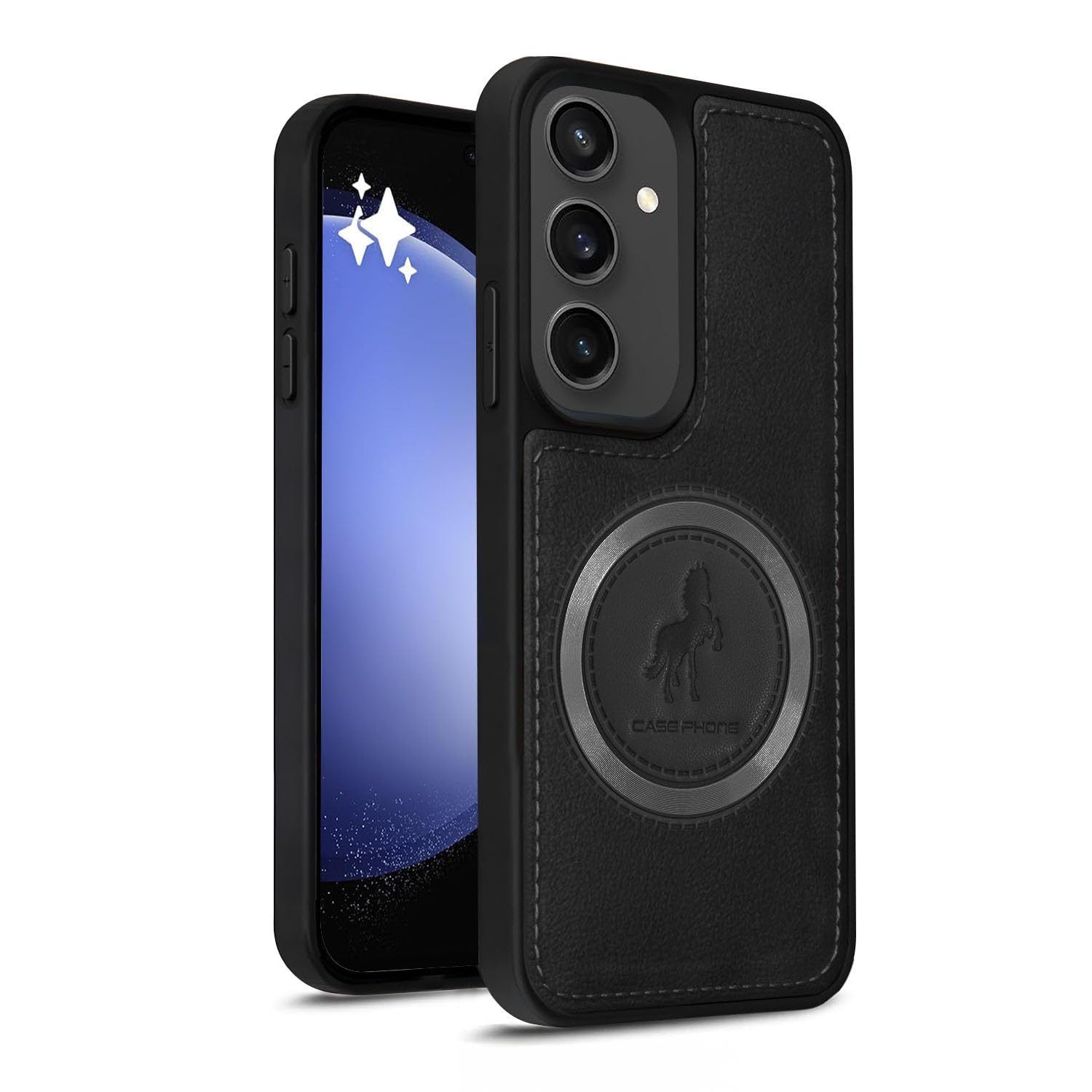 Vaku Luxos Astrid Back Cover Case for Samsung Galaxy S23 FE Leather Stitched Magnetic Magsafe Wireless Charging TPU Phone Case Camera Screen Protector - Black