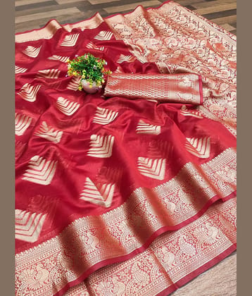 supalee Tex Organza Woven Saree With Unstitched Blouse Piece ( Blue )