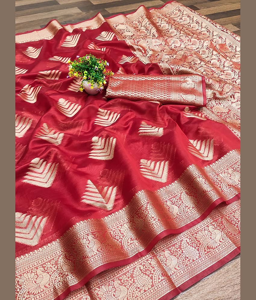 supalee Tex Organza Woven Saree With Unstitched Blouse Piece ( Blue )