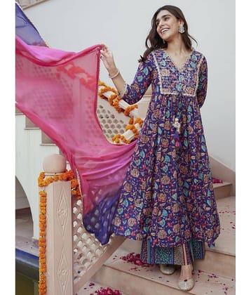 Janasya Cotton Printed Kurti With Palazzo Women's Stitched Salwar Suit - Purple ( Pack of 1 )
