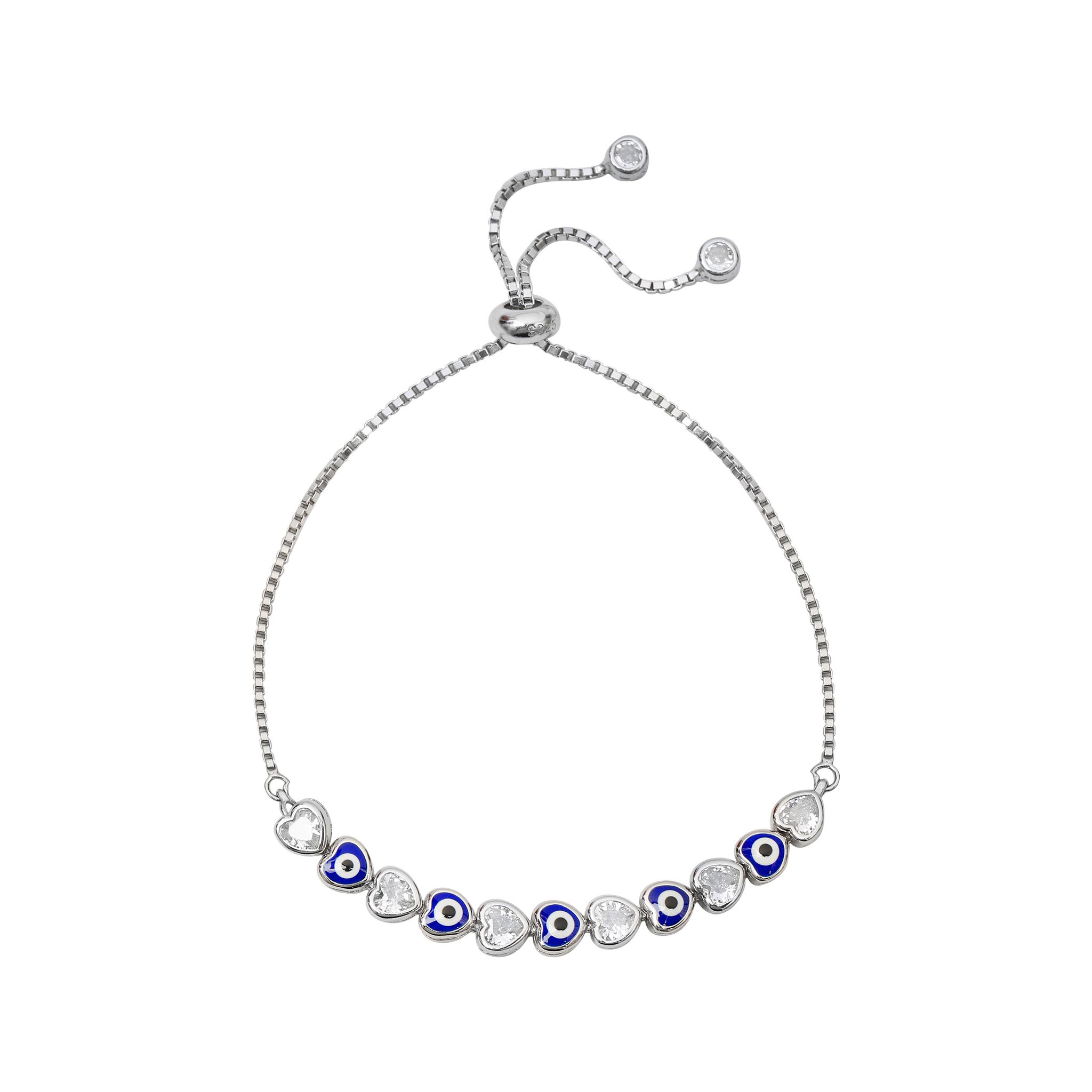 925 Sterling Silver Evil Eye Adjustable Bracelet with Cubic Zirconia Hearts for Women | Protection Charm Jewelry I Weight - 6.15 g
