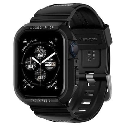Spigen Rugged Armor Pro for Apple Watch SE3 Series 44mm Case with Strap Band, Series 9/8/7 45mm, SE2/6/SE/5/4 44mm Protective TPU Cover with Strap - Black Spigen Rugged Armor Pro for Apple Watch SE3 Series 44mm Case with Strap Band, Series 9/8/7 45mm, SE