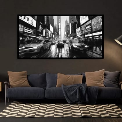 Luminary Midnight Drive – Monochrome City Rush Museum-Quality Cotton Canvas Art for Modern Lounge Décor | Frame Size (127 X 69 Cm) | Frame Type (Black) | 5-Year Warranty