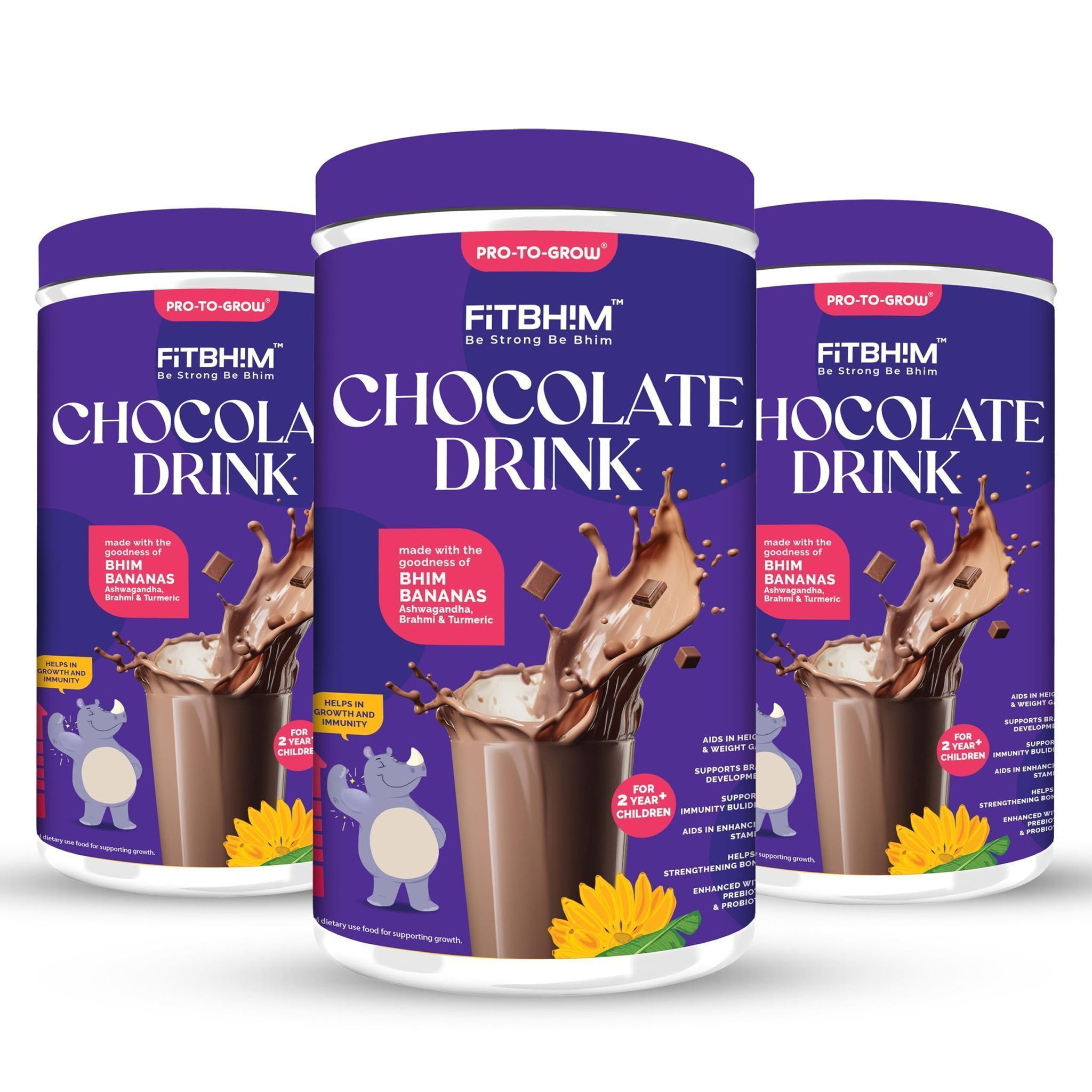 Pro To Grow Fitbhim Nutritional Chocolate Drink Powder 200g | Enriched with Bhim Banana | Belgian Chocolate Flavor for Kids (2+ years) | Ideal for Brain Growth & Immunity Support (Pack of 3)