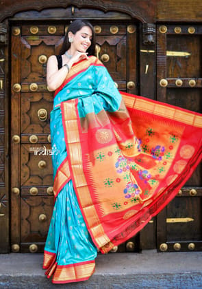 BestSeller Rajsi ~ Authentic Handloom Pure Silk Maharani Paithani - Turquoise Blue (peacock buttis)