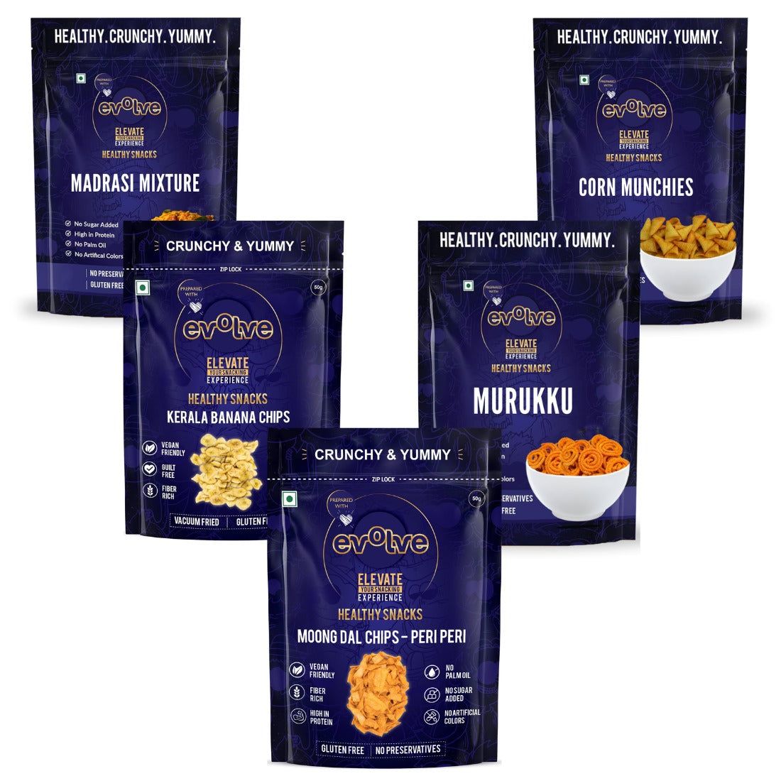 Murukku, Banana Chips, Madras Mixture, Corn Munchies, Moong Dal Chips pack of 5