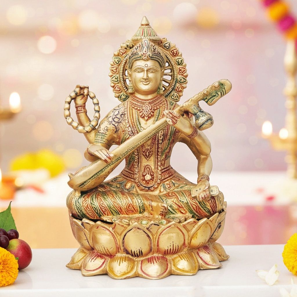 Brass Saraswati Ji God Idol Statue - Handcrafted Home Temple Murti, Height : 11 Inch (BSMAS034)