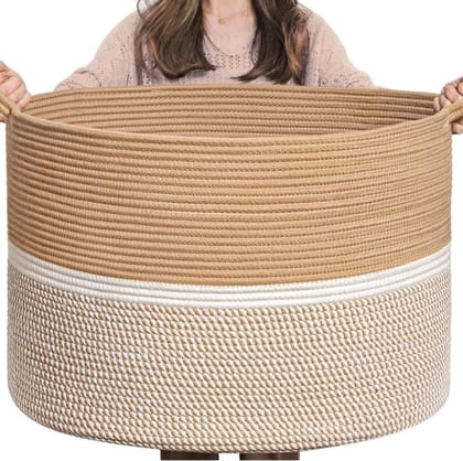 Generic Cotton Dori 16x14 Inch Storage Basket For Clothes With Out Lid (Beige-Beige-White)-PID66387