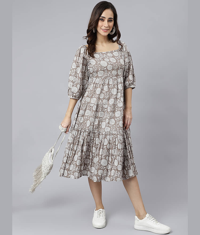 Janasya Women Cotton Printed A-line Dress ( Grey )