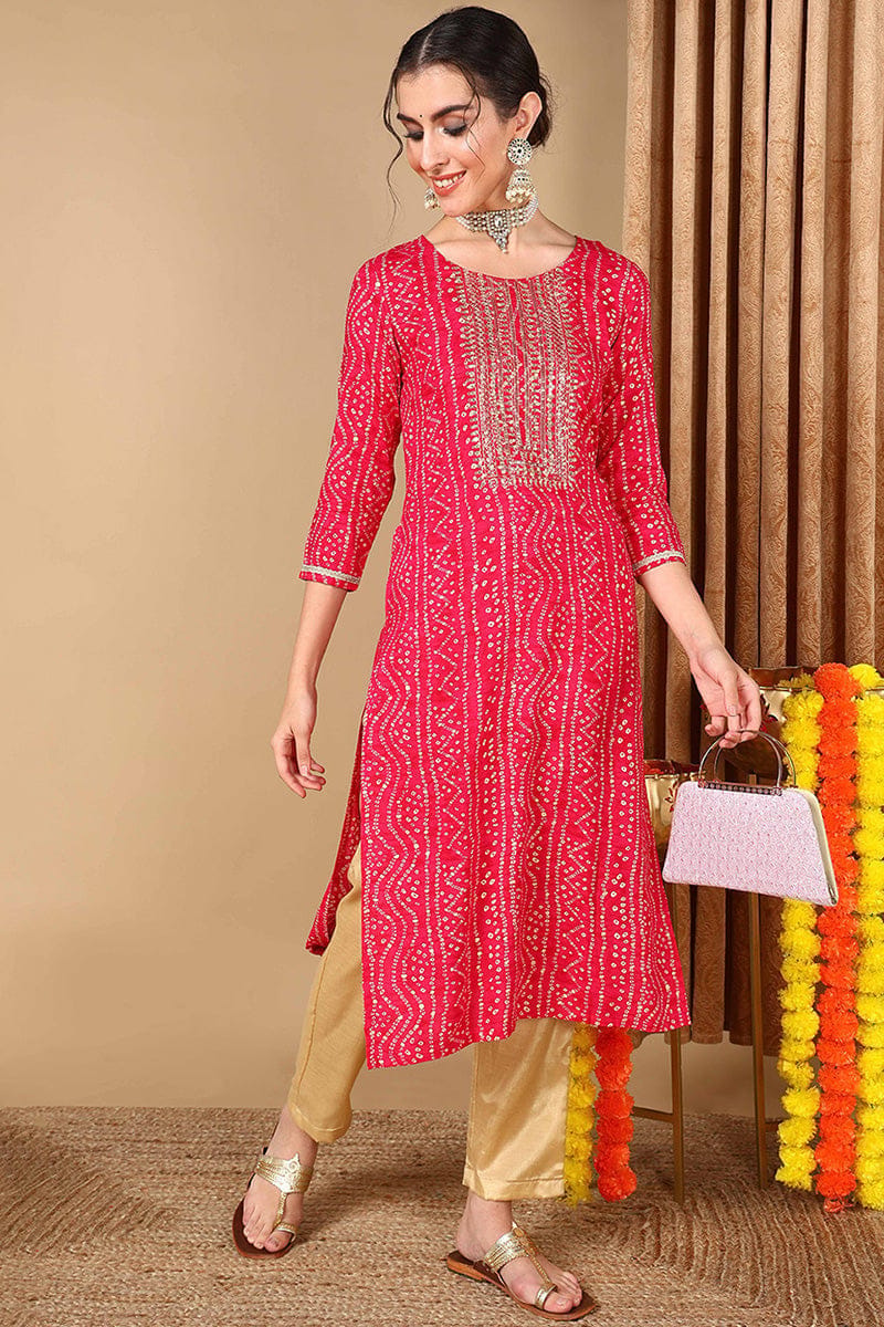 Plus Size Pink Viscose Rayon Bandhani Embroidered Straight Kurta VCK9622
