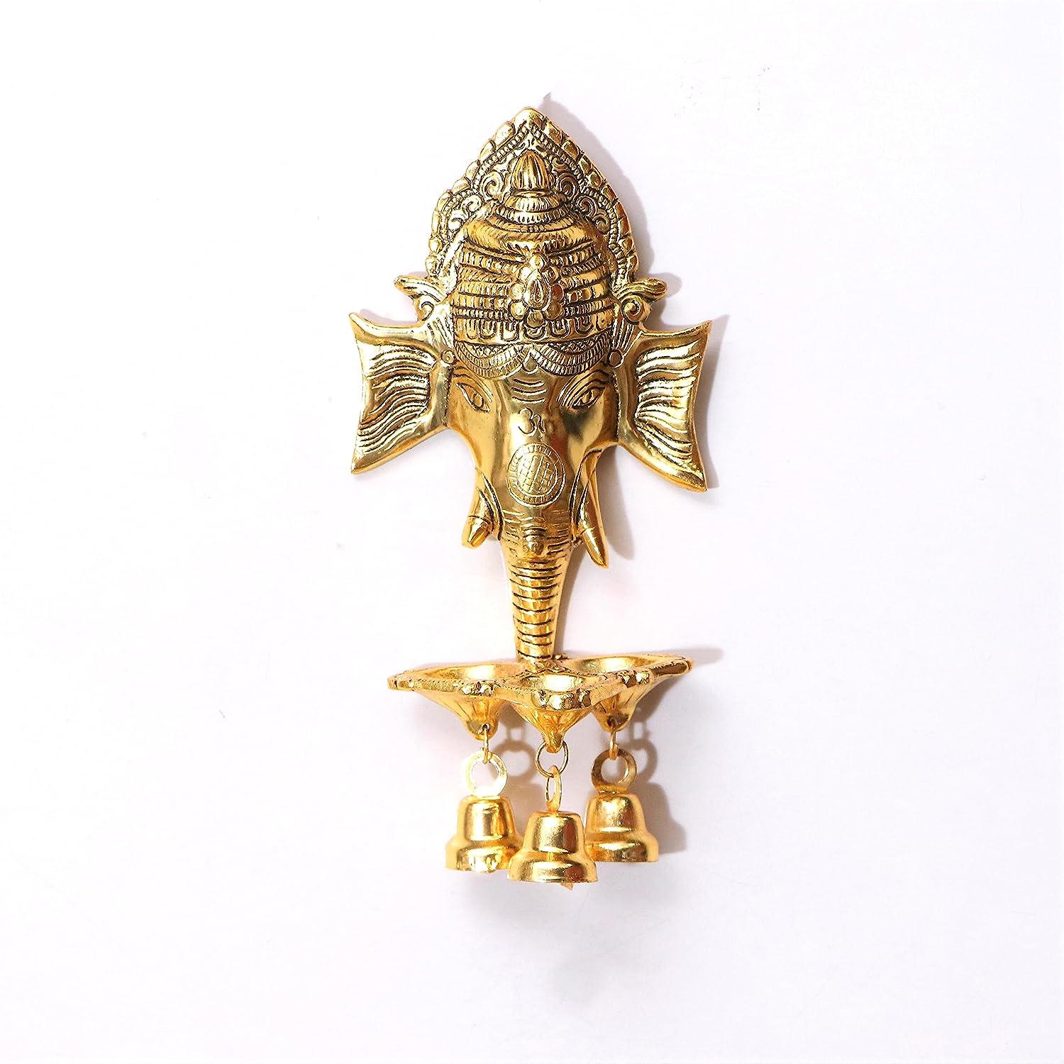 DreamKraft Metal Ganesha Wall Hanging Diya | Three Bells | Home Decor | Gold Plated | 7cm x 10cm x 21cm