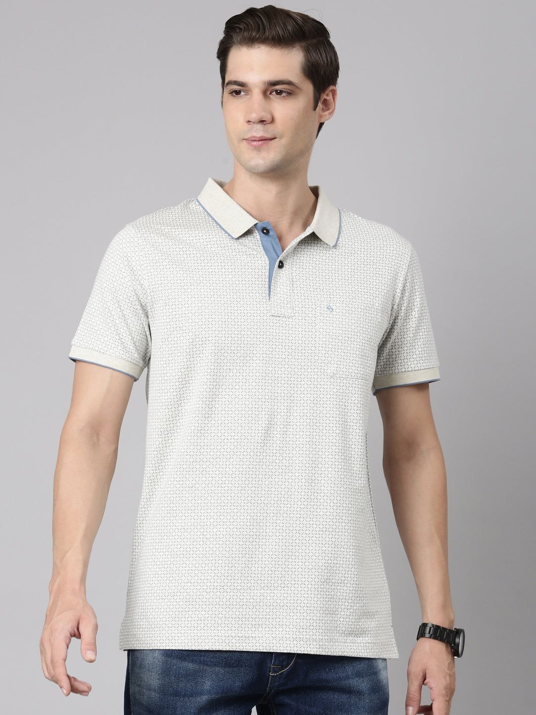 Classic Polo Men's Polo Neck Cotton White/Blue Slim Fit Printed T-Shirt | BELLO-286 A SF P