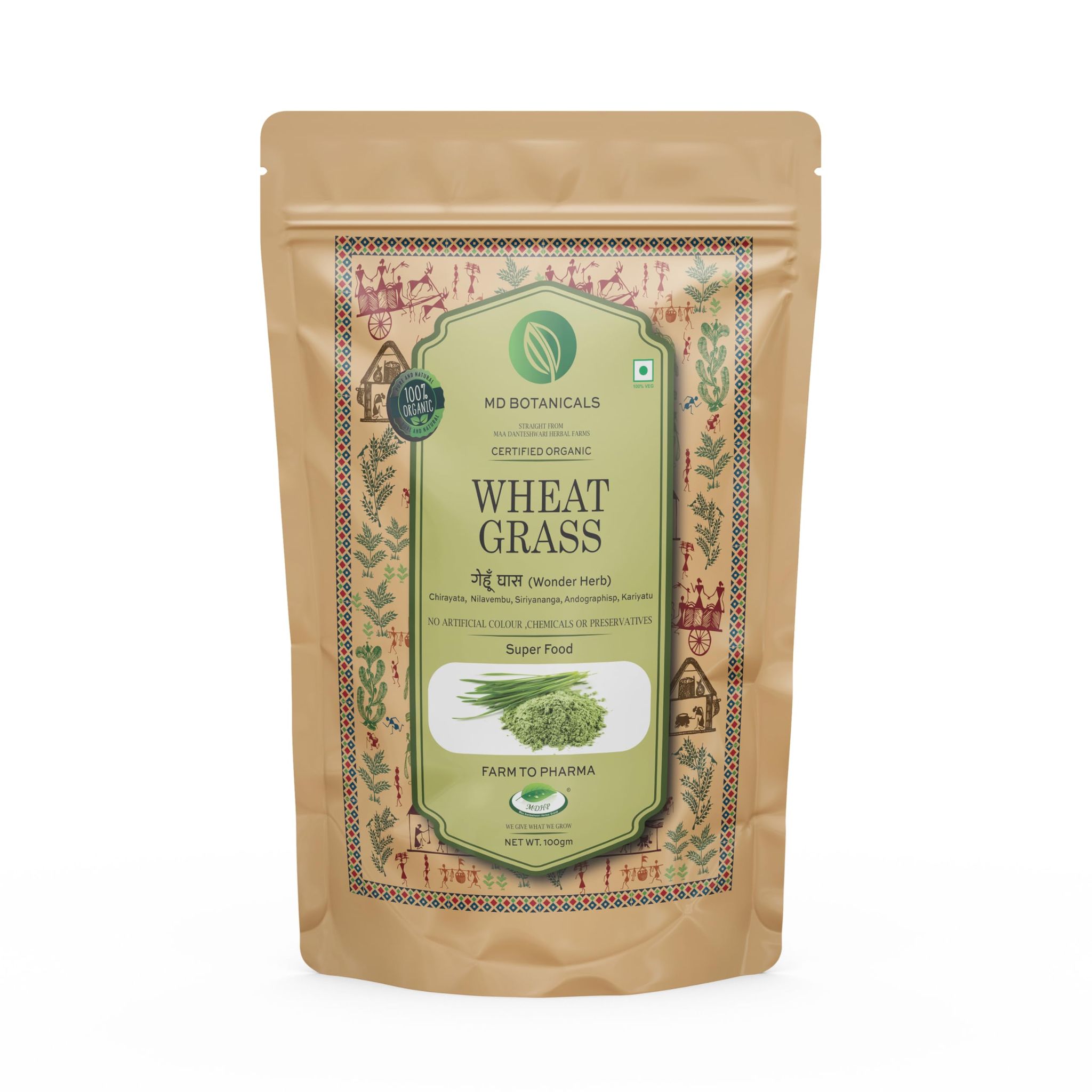 MD Botanicals Wheatgrass Powder | Ayurvedic Support For Natural Detox | Immunity Booster | NON-GMO, Superfood | Certified Organic - 100g