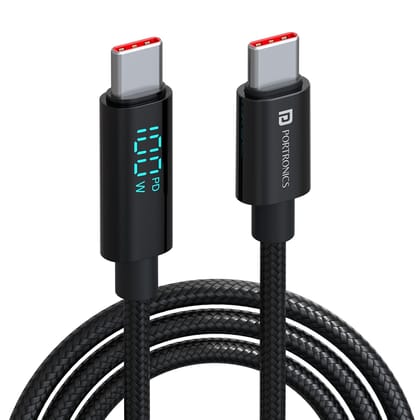 Portronics Konnect View 100W PD Type C to Type C Cable-2M LED Wattage Display, E-mark Smart Chip, Unbreakable Nylon Braided Cable, Data Transfer