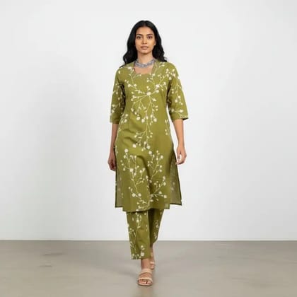 Mehendi Green Screen-Print Cotton Kurti and Trouser Set Mehendi Green Screen-Print Cotton Kurti and Trouser Set