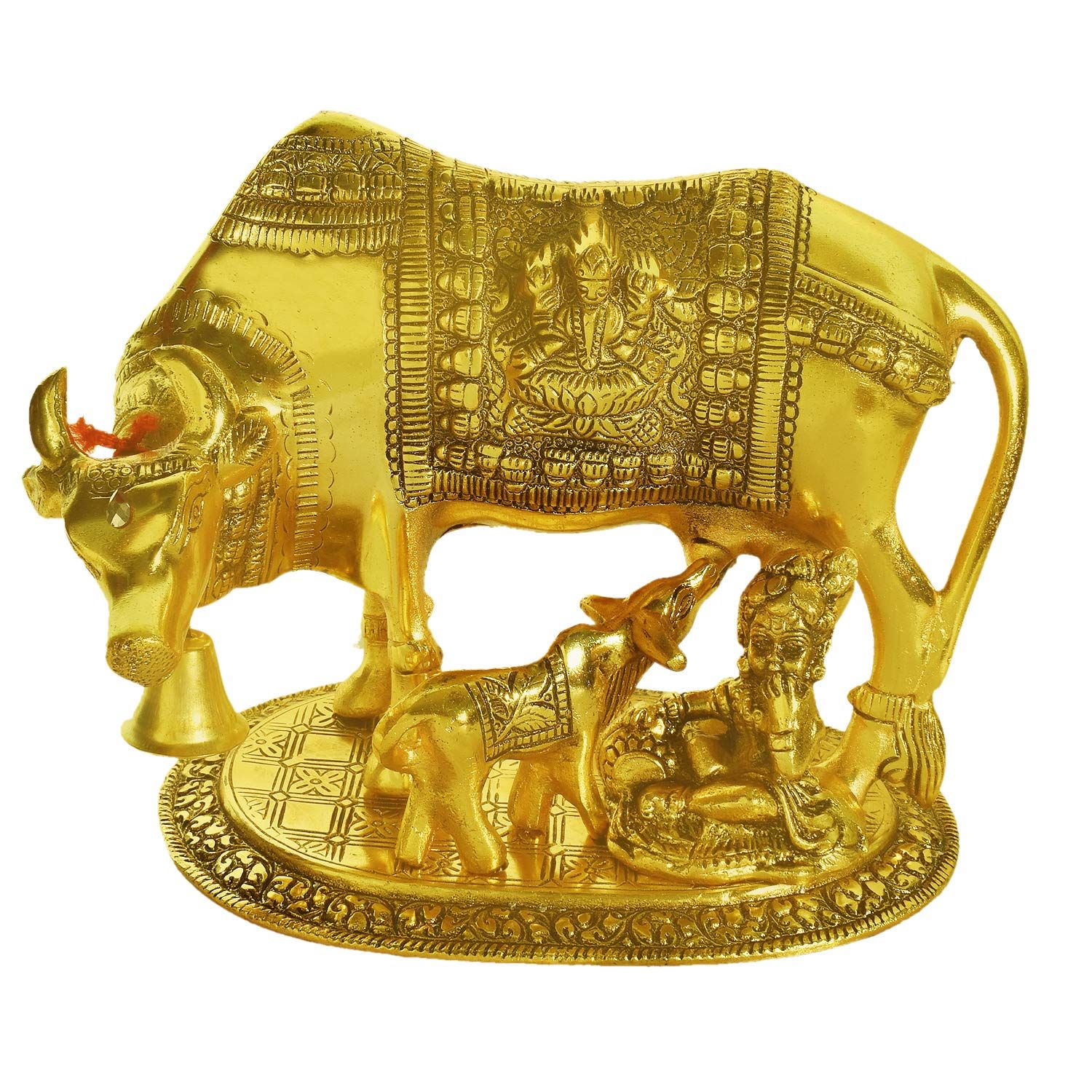 DreamKraft Metal Kamdhenu Cow And Calf With Krishna Showpiece Idol, Standard, Gold