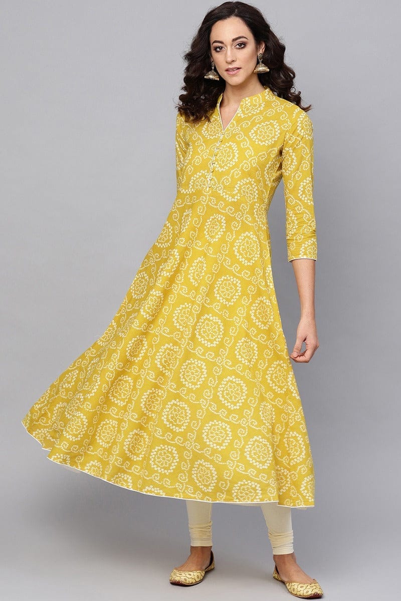Yellow Cotton Bandhani Flared Kurti VCK1179