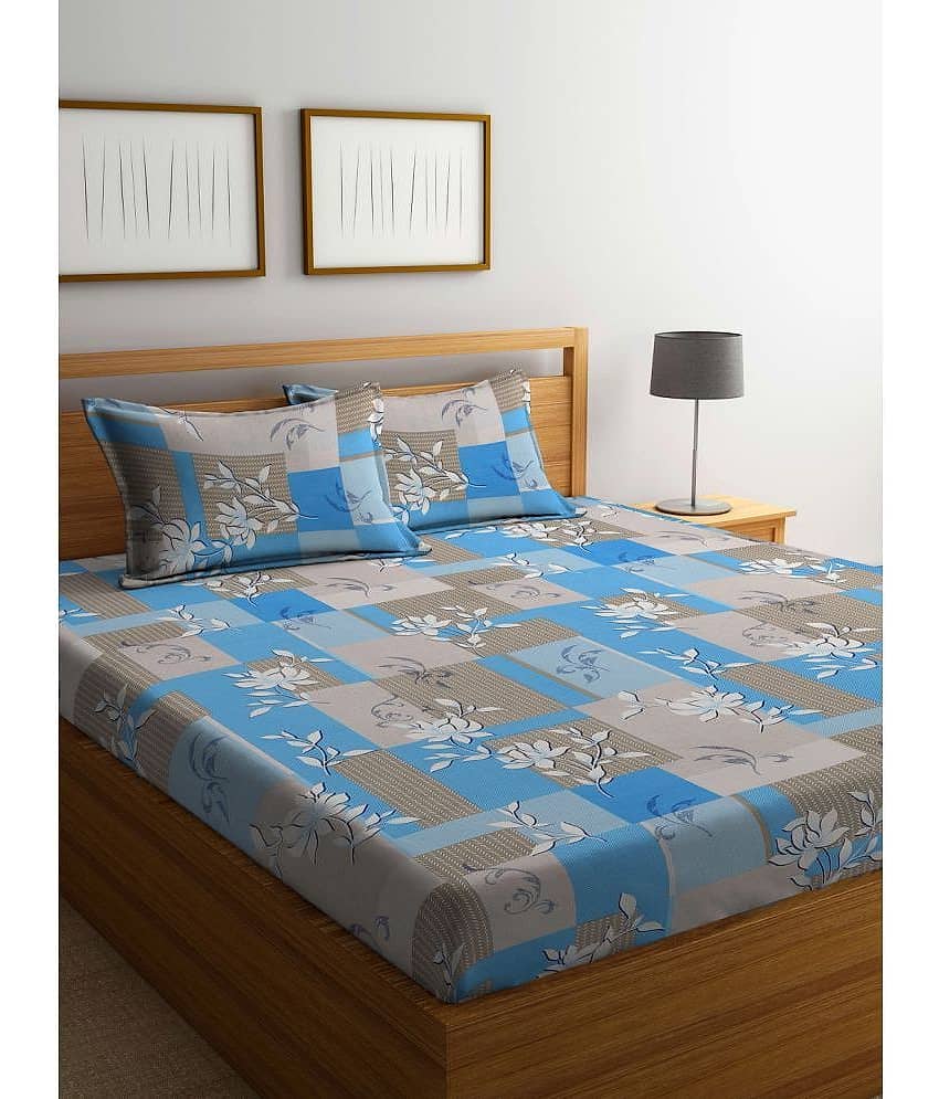Klotthe Cotton Floral 1 Double King Size Bedsheet with 2 Pillow Covers - Blue
