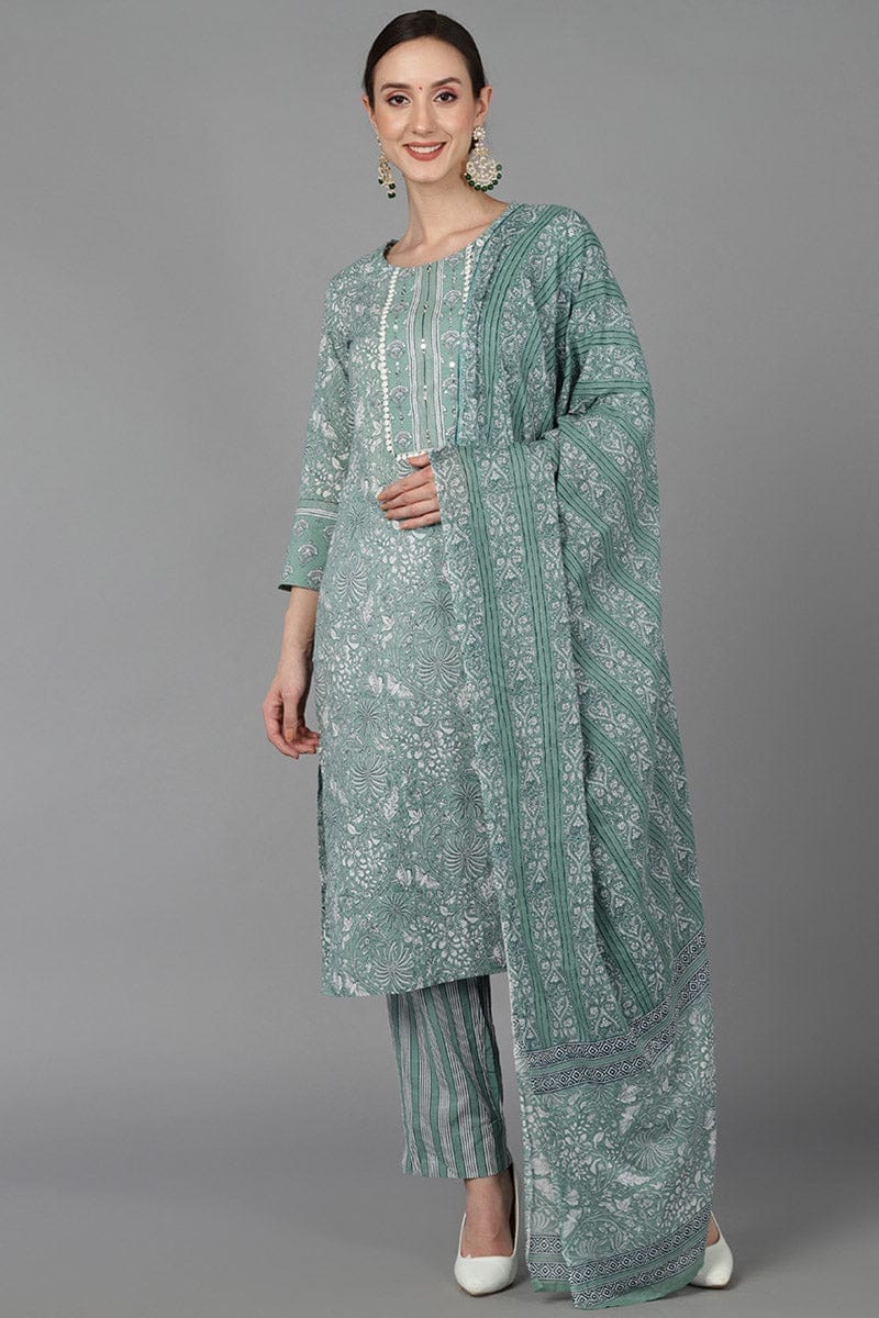 Green Pure Cotton Suit Set VKSKD1492