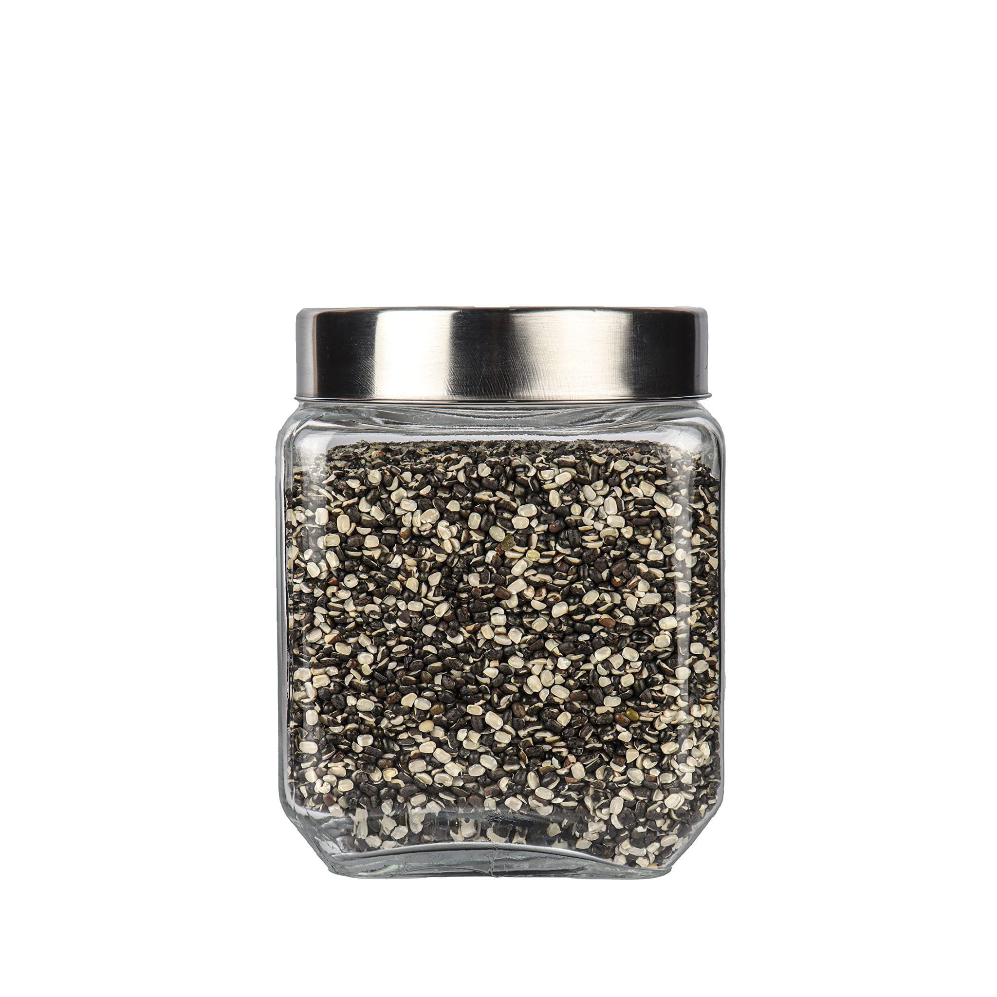 Femora Clear Glass Air Tight Octo Kitchen Storage Jars, 1150 ml, Set of 1 toFemora Clear Glass Food Grade Cubical Clear Glass Jar for Kitchen Storage | Spices Jar Glass Jar for Masala, Honey, Jams, Pickles, Cookies, Dry, Free Replacement of Lids