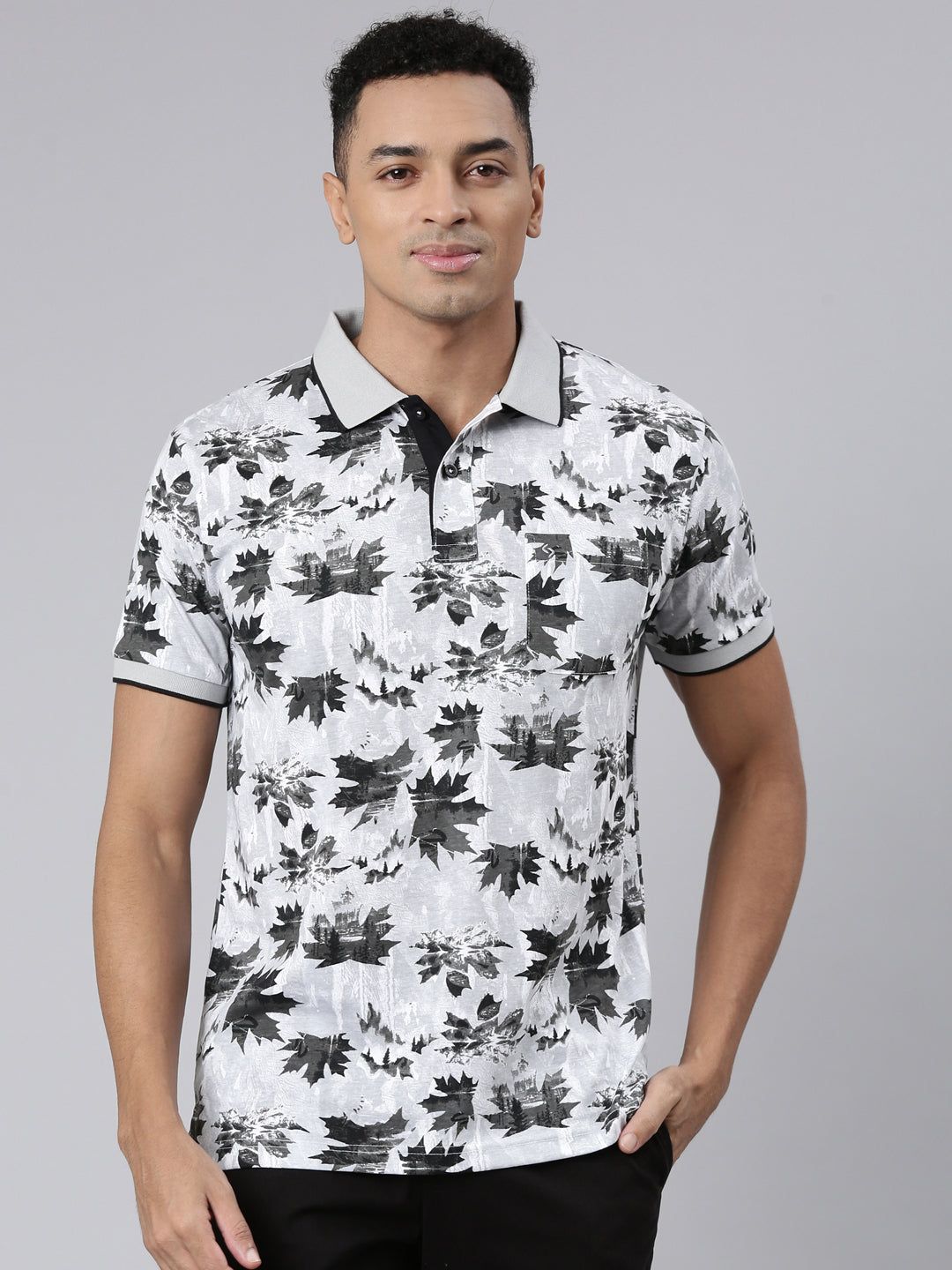 Classic Polo Men's Half Sleeve Grey/Black Polo Neck Cotton Blend Slim Fit T-Shirt | BELLO - 308 A SF P