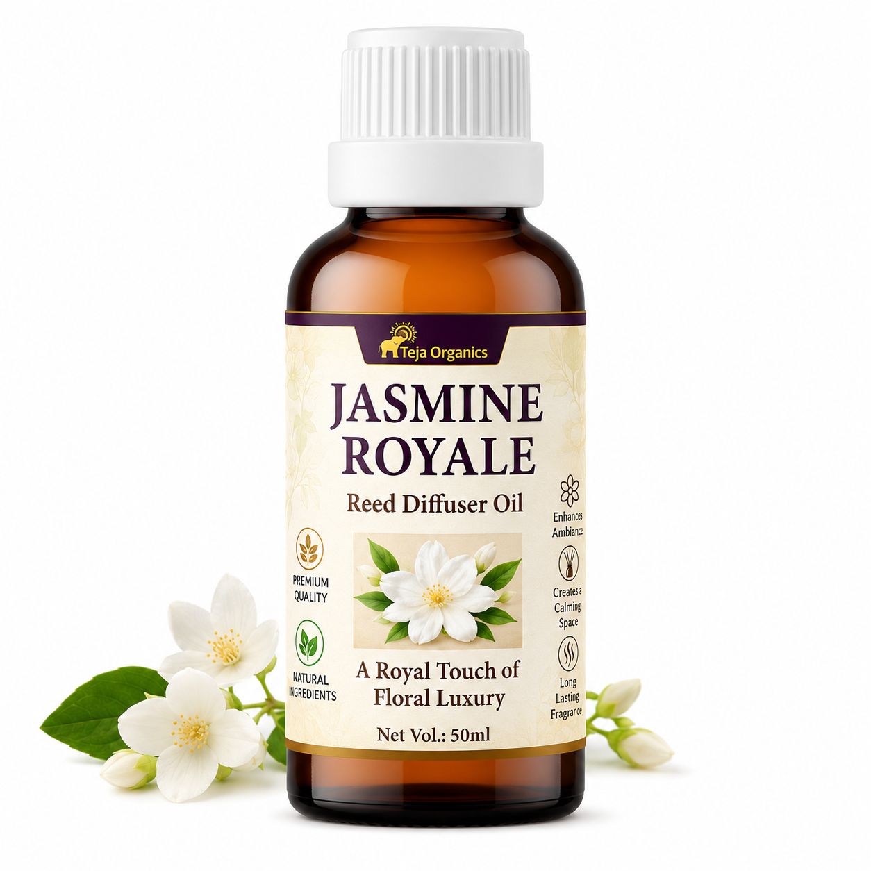 Jasmine Royale Reed Diffuser Oil 50ml | Elegant | Floral | Enhances Mood & Positivity | Promotes relaxation & emotional balance