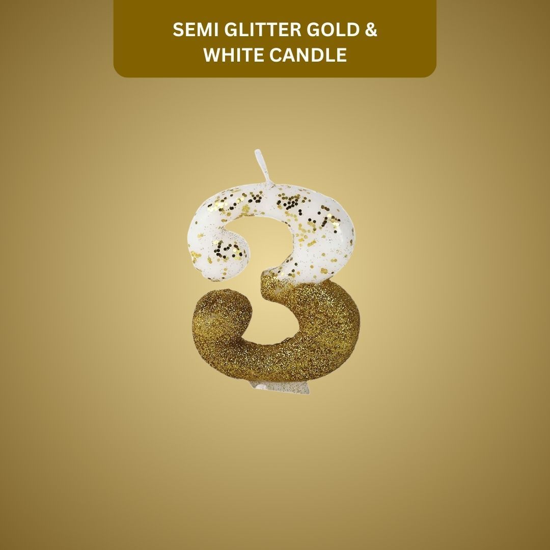 Number 3 Semi Glitter Gold & White Candle - 1PC