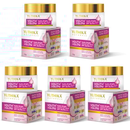 Yuthika Youth & Glow Hydra Bright Radiant Day Cream 12g Pack of 5, SPF30 PA+++ Dermatologically Tested, Tayberry Active Face Cream