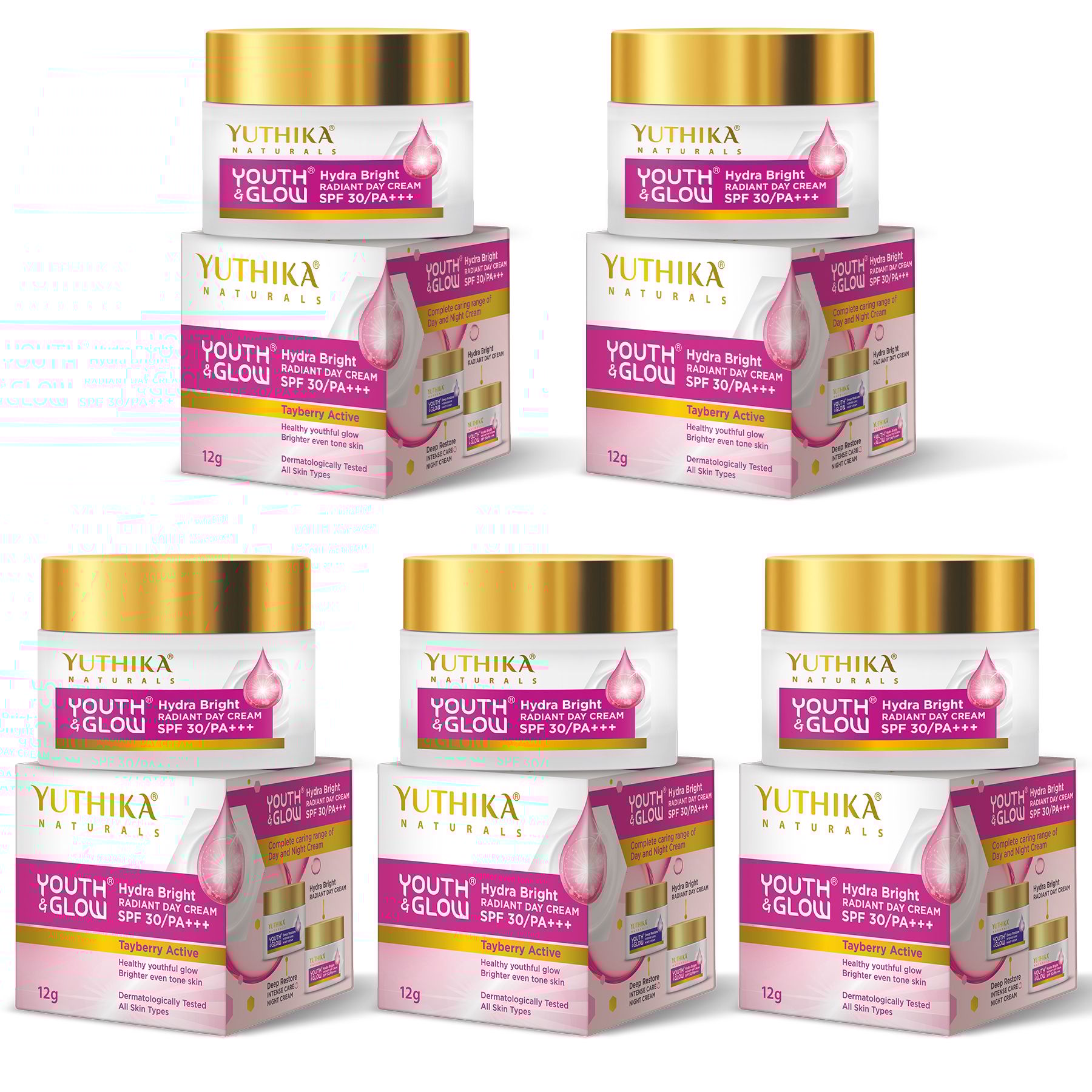 Yuthika Youth & Glow Hydra Bright Radiant Day Cream 12g Pack of 5, SPF30 PA+++ Dermatologically Tested, Tayberry Active Face Cream