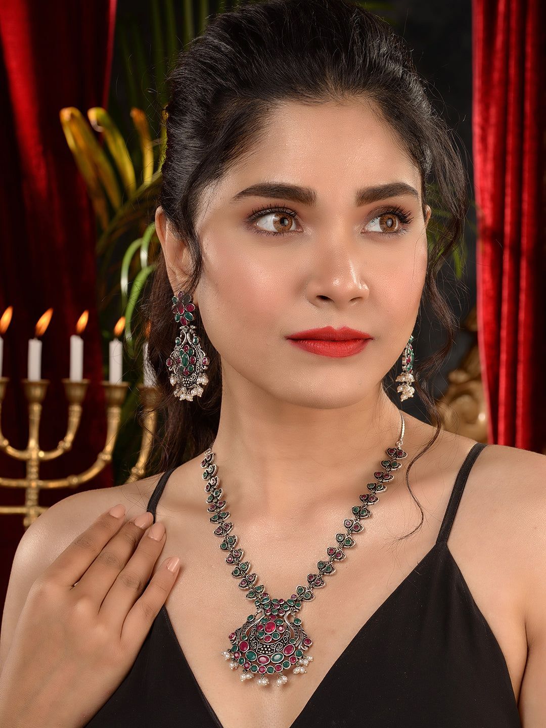 Oxidised Green stone studded Peacock Design Necklace Jewellery Set