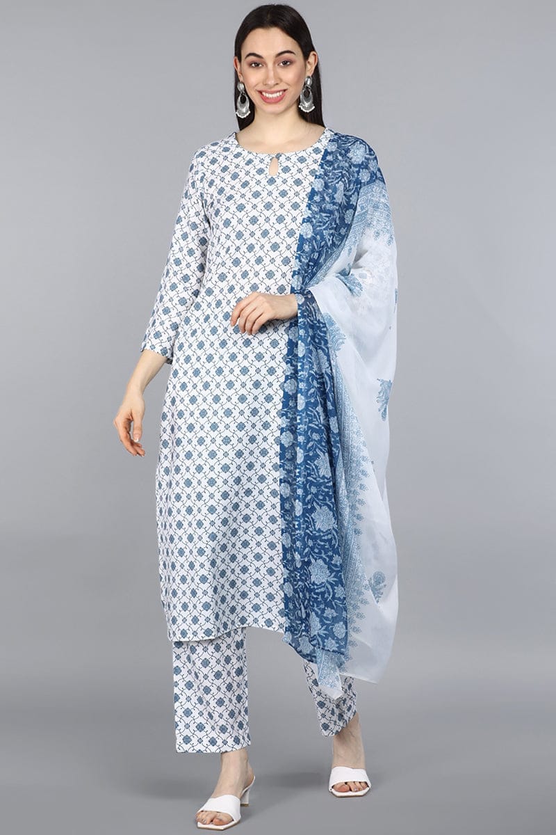 White Poly Crepe Ethnic Motifs Straight Suit Set PKSKD1152