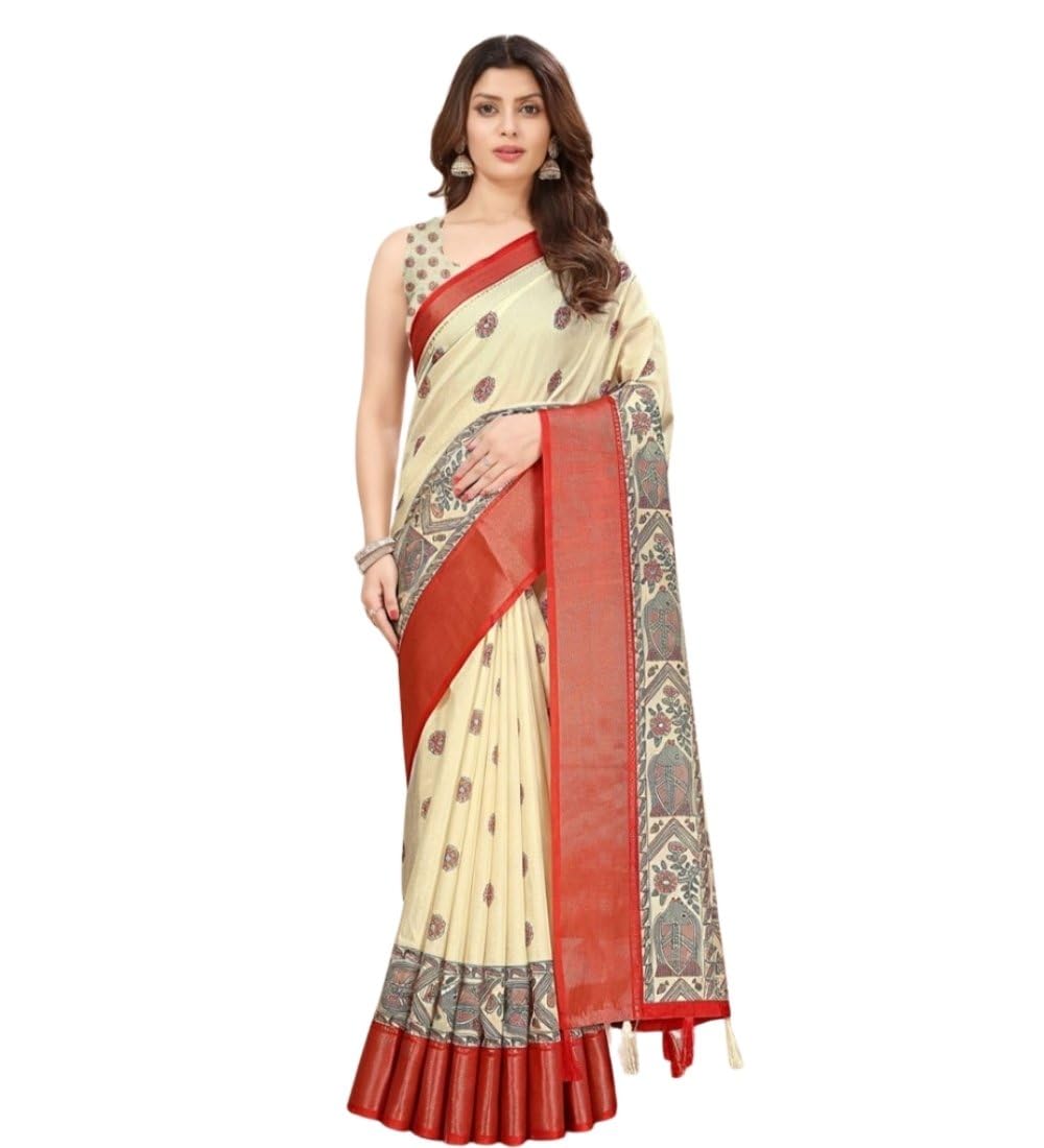 Women's Cotton Silk Printed Saree With Unstitched Blouse 5.5Mtr (Cream)-PID66599