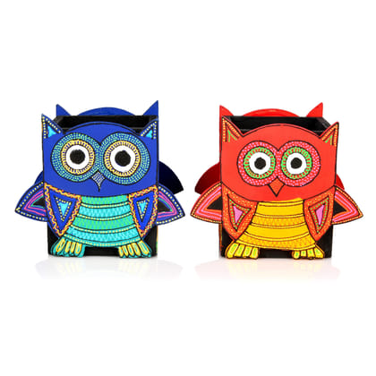 DECOREER Owl Wooden Pen Stand Set of 2