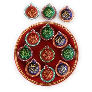 Terracotta Hand Made Diya With Thali (Pack of 13) Table Diya Set  (Height 4 inch)