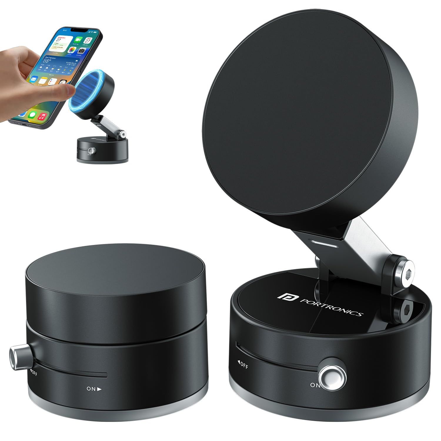 Portronics Hold X Magnetic Vacuum Suction Mobile Holder, Multiple Angle Adjustment, Retractable, Strong Magnetic Attachment, Compatible with iPhone & Android Phone for Car, Desk, Mirror, Glass(Black) Black