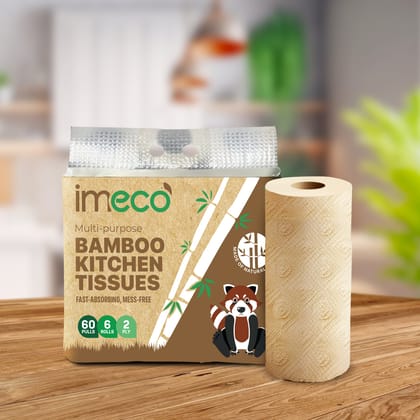 Imeco India Bamboo Kitchen Tissues (2 Ply, 60 Pulls, 6 Rolls) | Eco-Friendly Natural Bamboo Pulp | Kitchen Cleanups & Spills