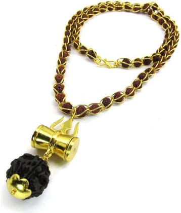 King & Queen  Shiv Shakti Kavach 5 Mukhi Rudraksha Mala With Shiv Trishul & Damru Brass Necklace Brass Brass Pendant Set