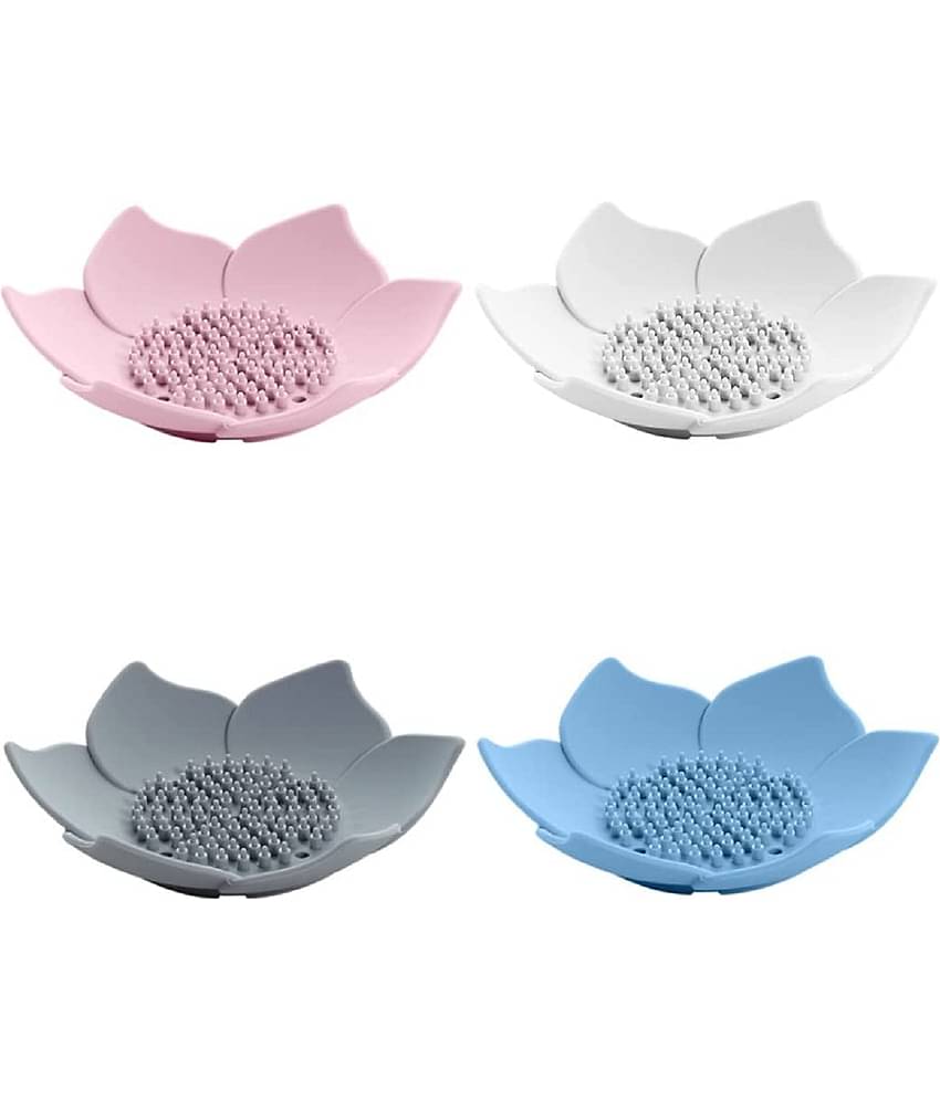 BLUE HOME AND KITCHEN Lotus Shape Silicon Soap Dish Self Draining (Pack of 4)